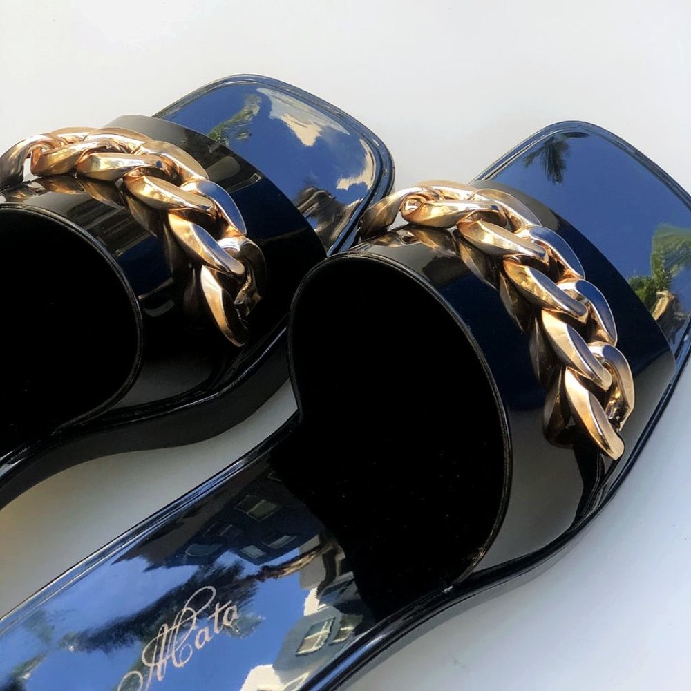 NEW Black Gold Chain Jelly Rubber Block Heel Platform Slip On Slides Sandals - Picture 9 of 10
